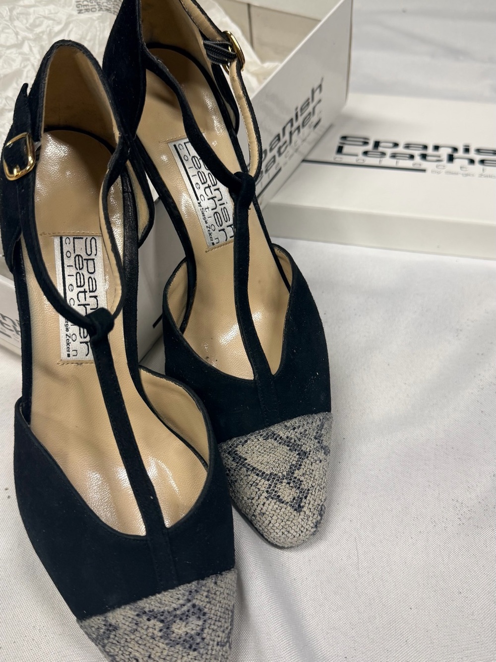 Vintage Black T-Strap Pumps with Snake-Print Toe